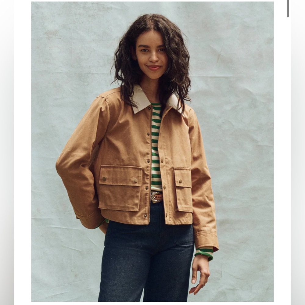 THE GREAT. Tan Utility Jacket with Cream Collar